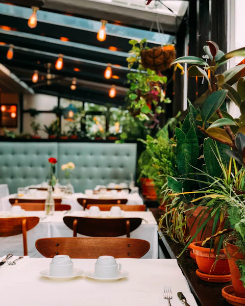Salle du bistrot en lumière naturelle, tables en bois